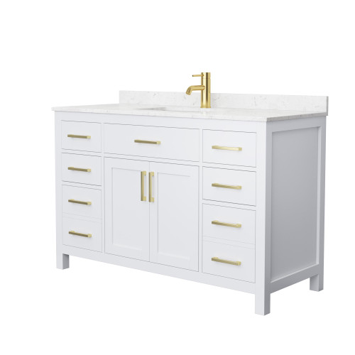 Wyndham WCG242454SWGCCUNSMXX Beckett 54 Inch Single Bathroom Vanity in White, Carrara Cultured Marble Countertop, Undermount Square Sink, Brushed Gold Trim