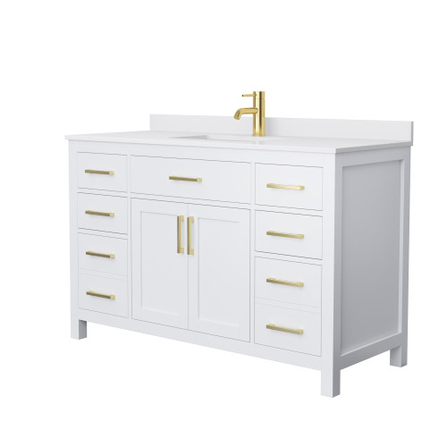 Wyndham WCG242454SWGWCUNSMXX Beckett 54 Inch Single Bathroom Vanity in White, White Cultured Marble Countertop, Undermount Square Sink, Brushed Gold Trim