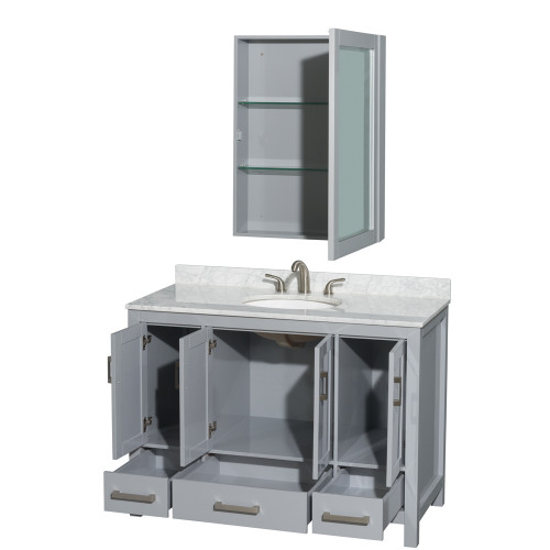 Wyndham WCS141448SGYCMUNOMED Sheffield 48 Inch Single Bathroom Vanity in Gray, White Carrara Marble Countertop, Undermount Oval Sink, and Medicine Cabinet