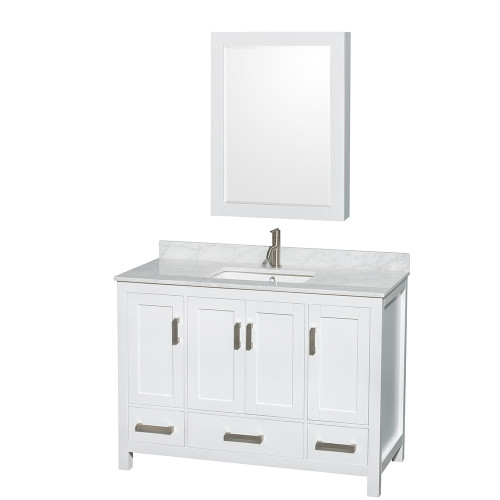 Wyndham WCS141448SWHCMUNSMED Sheffield 48 Inch Single Bathroom Vanity in White, White Carrara Marble Countertop, Undermount Square Sink, and Medicine Cabinet