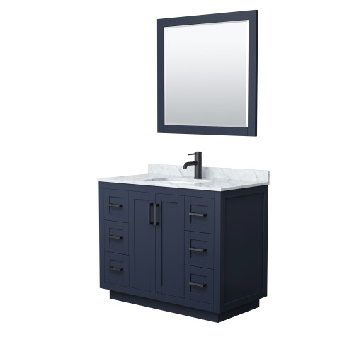 Wyndham WCF292942SBBCMUNSM34 Miranda 42 Inch Single Bathroom Vanity in Dark Blue, White Carrara Marble Countertop, Undermount Square Sink, Matte Black Trim, 34 Inch Mirror