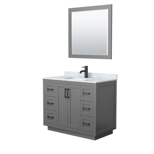 Wyndham WCF292942SGBCMUNSM34 Miranda 42 Inch Single Bathroom Vanity in Dark Gray, White Carrara Marble Countertop, Undermount Square Sink, Matte Black Trim, 34 Inch Mirror
