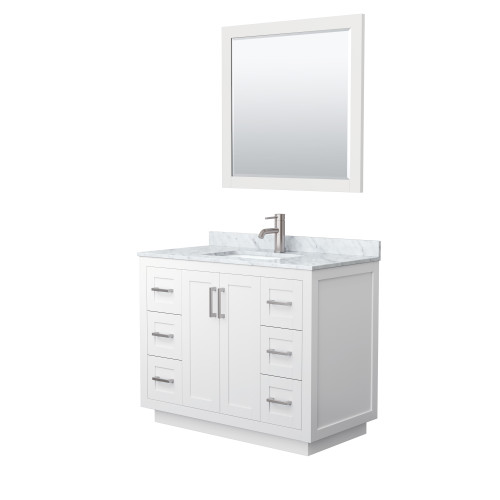 Wyndham WCF292942SWHCMUNSM34 Miranda 42 Inch Single Bathroom Vanity in White, White Carrara Marble Countertop, Undermount Square Sink, Brushed Nickel Trim, 34 Inch Mirror