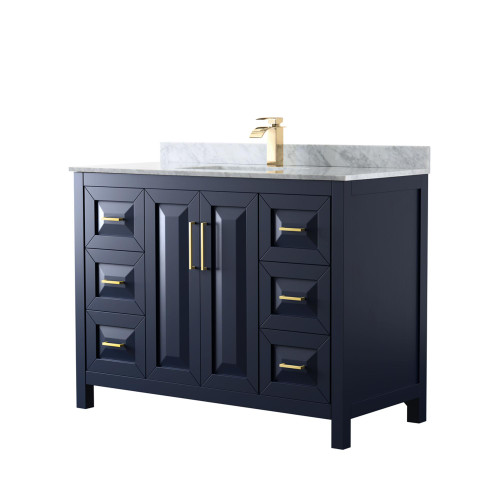 Wyndham WCV252548SBLCMUNSMXX Daria 48 Inch Single Bathroom Vanity in Dark Blue, White Carrara Marble Countertop, Undermount Square Sink, No Mirror