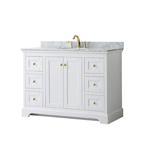 Wyndham WCV232348SWGCMUNOMXX Avery 48 Inch Single Bathroom Vanity in White, White Carrara Marble Countertop, Undermount Oval Sink, Brushed Gold Trim Wyndham WCV232348SWGCMUNOMXX Avery 48 Inch Single Bathroom Vanity in White, White Carrara Marble Countertop, Undermount Oval Sink, Brushed Gold Trim