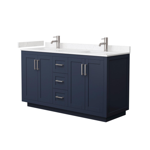 Wyndham WCF292960DBNC2UNSMXX Miranda 60 Inch Double Bathroom Vanity in Dark Blue, Light-Vein Carrara Cultured Marble Countertop, Undermount Square Sinks, Brushed Nickel Trim