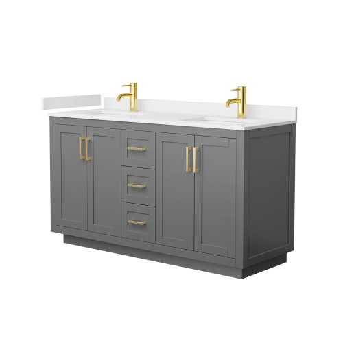 Wyndham WCF292960DGGWCUNSMXX Miranda 60 Inch Double Bathroom Vanity in Dark Gray, White Cultured Marble Countertop, Undermount Square Sinks, Brushed Gold Trim