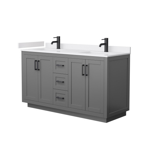 Wyndham WCF292960DGBWCUNSMXX Miranda 60 Inch Double Bathroom Vanity in Dark Gray, White Cultured Marble Countertop, Undermount Square Sinks, Matte Black Trim