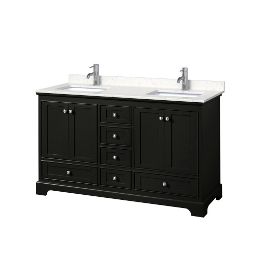 Wyndham WCS202060DDEC2UNSMXX Deborah 60 Inch Double Bathroom Vanity in Dark Espresso, Light-Vein Carrara Cultured Marble Countertop, Undermount Square Sinks, No Mirrors