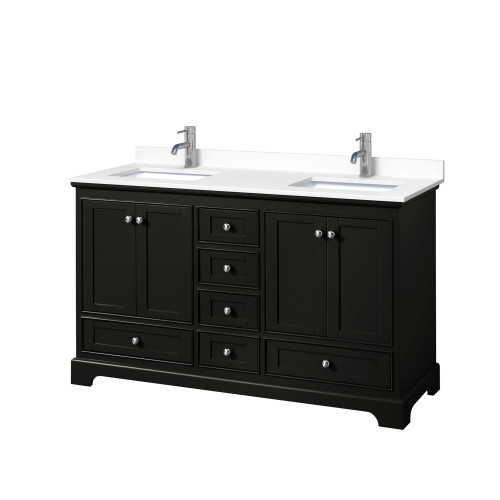 Wyndham WCS202060DDEWCUNSMXX Deborah 60 Inch Double Bathroom Vanity in Dark Espresso, White Cultured Marble Countertop, Undermount Square Sinks, No Mirrors