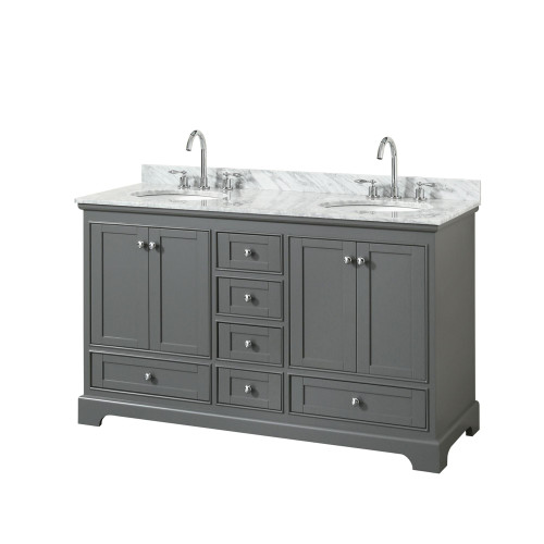 Wyndham WCS202060DKGCMUNOMXX Deborah 60 Inch Double Bathroom Vanity in Dark Gray, White Carrara Marble Countertop, Undermount Oval Sinks, and No Mirrors