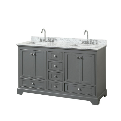 Wyndham WCS202060DKGCMUNSMXX Deborah 60 Inch Double Bathroom Vanity in Dark Gray, White Carrara Marble Countertop, Undermount Square Sinks, and No Mirror