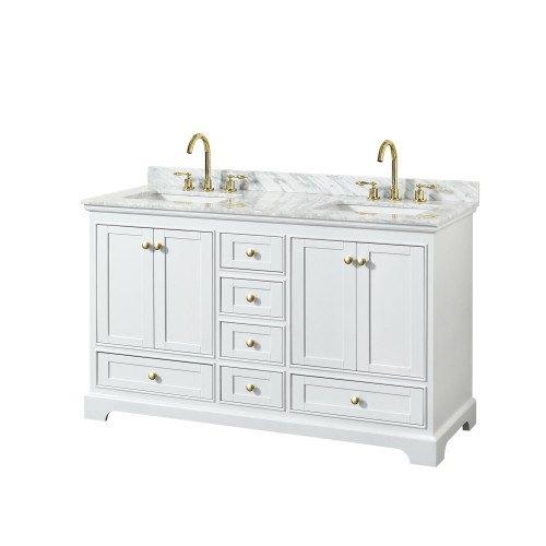 Wyndham WCS202060DWGCMUNSMXX Deborah 60 Inch Double Bathroom Vanity in White, White Carrara Marble Countertop, Undermount Square Sinks, Brushed Gold Trim, No Mirror