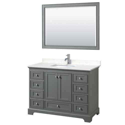 Wyndham WCS202048SKGC2UNSM46 Deborah 48 Inch Single Bathroom Vanity in Dark Gray, Light-Vein Carrara Cultured Marble Countertop, Undermount Square Sink, 46 Inch Mirror