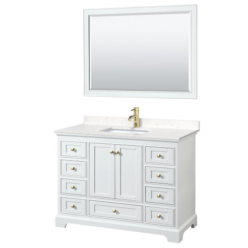 Wyndham WCS202048SWGC2UNSM46 Deborah 48 Inch Single Bathroom Vanity in White, Carrara Cultured Marble Countertop, Undermount Square Sink, Brushed Gold Trim, 46 Inch Mirror