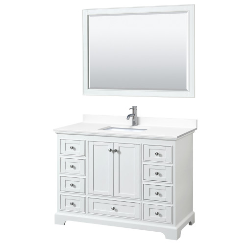 Wyndham WCS202048SWHWCUNSM46 Deborah 48 Inch Single Bathroom Vanity in White, White Cultured Marble Countertop, Undermount Square Sink, 46 Inch Mirror