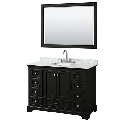Wyndham WCS202048SDECMUNSM46 Deborah 48 Inch Single Bathroom Vanity in Dark Espresso, White Carrara Marble Countertop, Undermount Square Sink, and 46 Inch Mirror