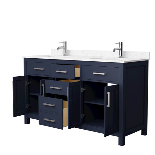 Wyndham WCG242460DBNCCUNSMXX Beckett 60 Inch Double Bathroom Vanity in Dark Blue, Carrara Cultured Marble Countertop, Undermount Square Sinks, Brushed Nickel Trim