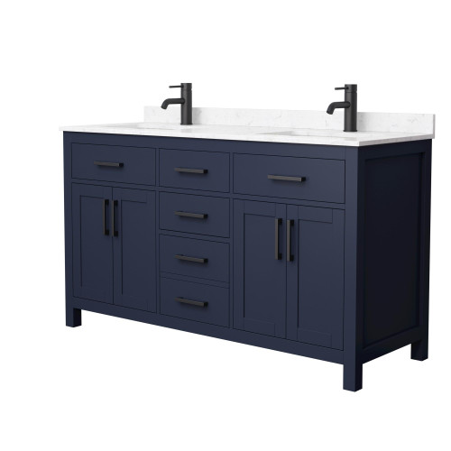 Wyndham WCG242460DBBCCUNSMXX Beckett 60 Inch Double Bathroom Vanity in Dark Blue, Carrara Cultured Marble Countertop, Undermount Square Sinks, Matte Black Trim