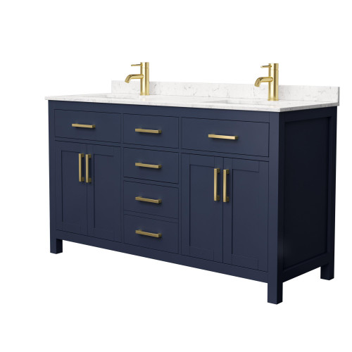 Wyndham WCG242460DBLCCUNSMXX Beckett 60 Inch Double Bathroom Vanity in Dark Blue, Carrara Cultured Marble Countertop, Undermount Square Sinks, No Mirror