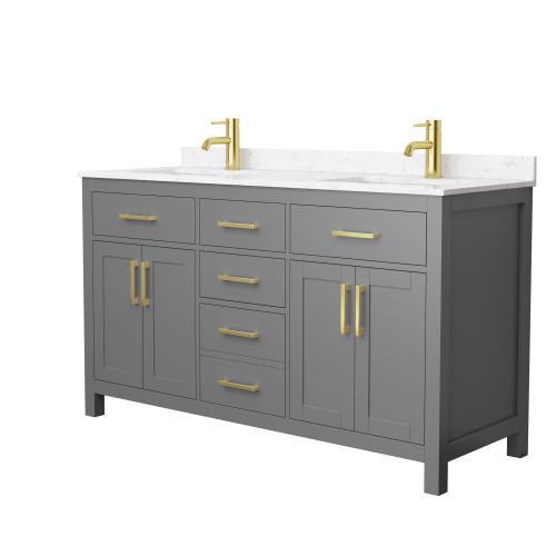 Wyndham WCG242460DGGCCUNSMXX Beckett 60 Inch Double Bathroom Vanity in Dark Gray, Carrara Cultured Marble Countertop, Undermount Square Sinks, Brushed Gold Trim