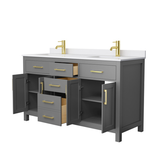 Wyndham WCG242460DGGWCUNSMXX Beckett 60 Inch Double Bathroom Vanity in Dark Gray, White Cultured Marble Countertop, Undermount Square Sinks, Brushed Gold Trim