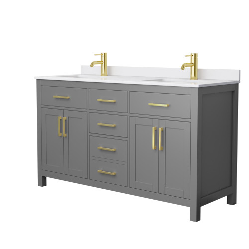 Wyndham WCG242460DGGWCUNSMXX Beckett 60 Inch Double Bathroom Vanity in Dark Gray, White Cultured Marble Countertop, Undermount Square Sinks, Brushed Gold Trim