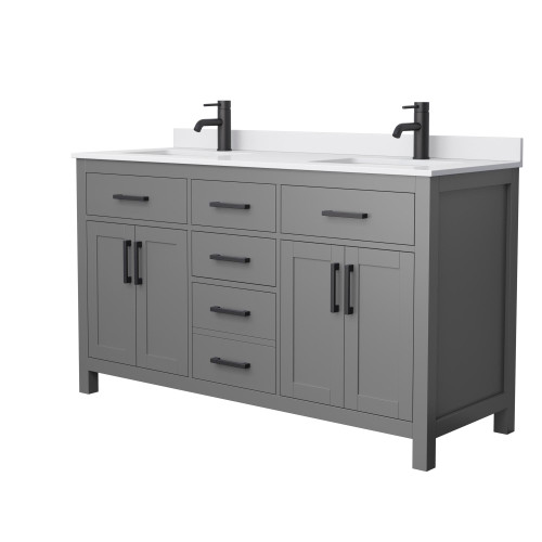 Wyndham WCG242460DGBWCUNSMXX Beckett 60 Inch Double Bathroom Vanity in Dark Gray, White Cultured Marble Countertop, Undermount Square Sinks, Matte Black Trim