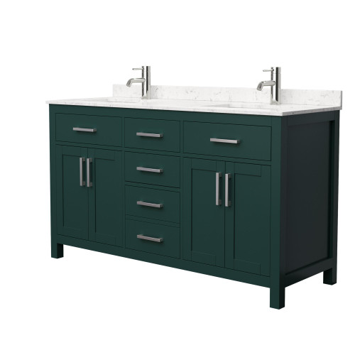 Wyndham WCG242460DGECCUNSMXX Beckett 60 Inch Double Bathroom Vanity in Green, Carrara Cultured Marble Countertop, Undermount Square Sinks, Brushed Nickel Trim