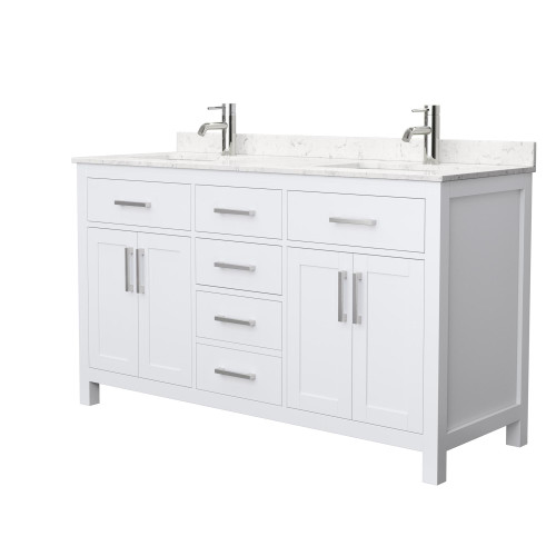 Wyndham WCG242460DWHCCUNSMXX Beckett 60 Inch Double Bathroom Vanity in White, Carrara Cultured Marble Countertop, Undermount Square Sinks, No Mirror