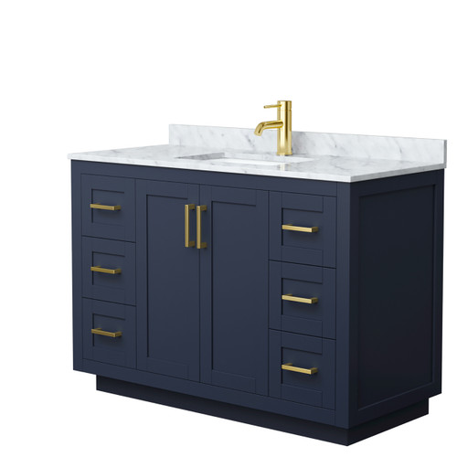 Wyndham WCF292948SBLCMUNSMXX Miranda 48 Inch Single Bathroom Vanity in Dark Blue, White Carrara Marble Countertop, Undermount Square Sink, Brushed Gold Trim
