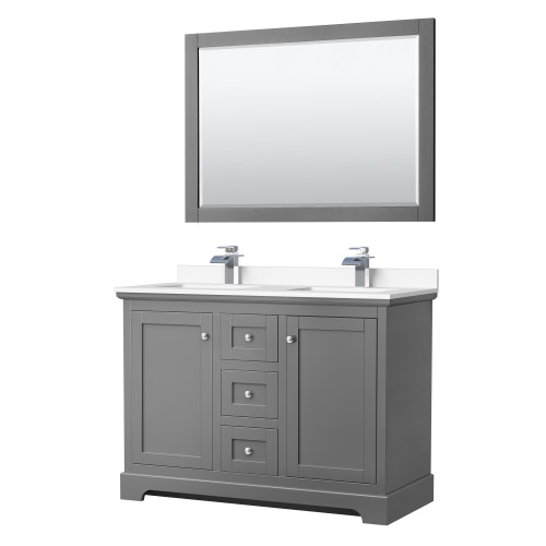 Wyndham WCV232348DKGWCUNSM46 Avery 48 Inch Double Bathroom Vanity in Dark Gray, White Cultured Marble Countertop, Undermount Square Sinks, 46 Inch Mirror