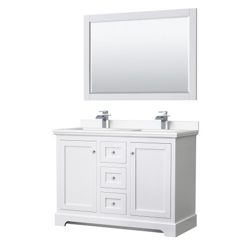 Wyndham WCV232348DWHWCUNSM46 Avery 48 Inch Double Bathroom Vanity in White, White Cultured Marble Countertop, Undermount Square Sinks, 46 Inch Mirror
