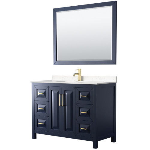 Wyndham WCV252548SBLC2UNSM46 Daria 48 Inch Single Bathroom Vanity in Dark Blue, Light-Vein Carrara Cultured Marble Countertop, Undermount Square Sink, 46 Inch Mirror