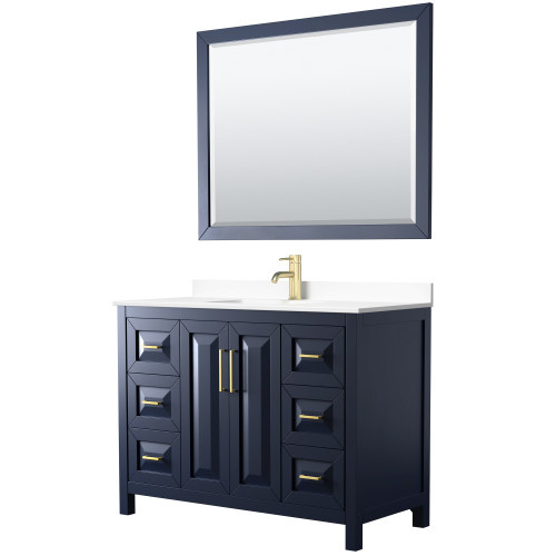 Wyndham WCV252548SBLWCUNSM46 Daria 48 Inch Single Bathroom Vanity in Dark Blue, White Cultured Marble Countertop, Undermount Square Sink, 46 Inch Mirror