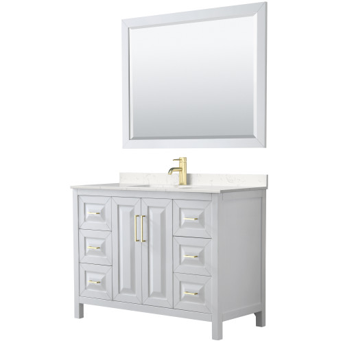 Wyndham WCV252548SWGC2UNSM46 Daria 48 Inch Single Bathroom Vanity in White, Light-Vein Carrara Cultured Marble Countertop, Undermount Square Sink, 46 Inch Mirror, Brushed Gold Trim