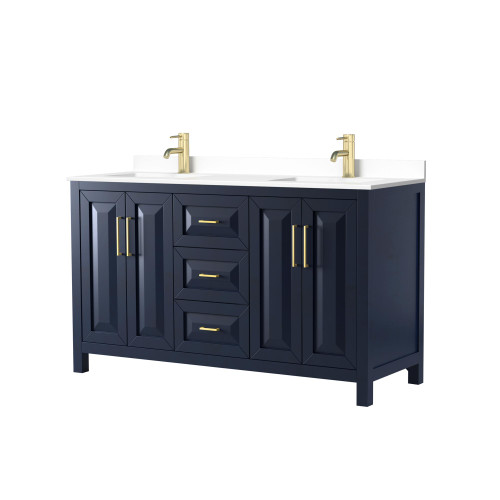 Wyndham WCV252560DBLWCUNSMXX Daria 60 Inch Double Bathroom Vanity in Dark Blue, White Cultured Marble Countertop, Undermount Square Sinks, No Mirror