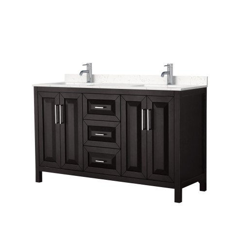Wyndham WCV252560DDEC2UNSMXX Daria 60 Inch Double Bathroom Vanity in Dark Espresso, Light-Vein Carrara Cultured Marble Countertop, Undermount Square Sinks, No Mirror