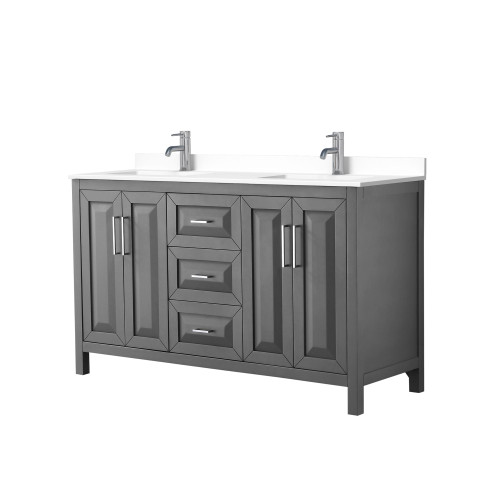 Wyndham WCV252560DKGWCUNSMXX Daria 60 Inch Double Bathroom Vanity in Dark Gray, White Cultured Marble Countertop, Undermount Square Sinks, No Mirror