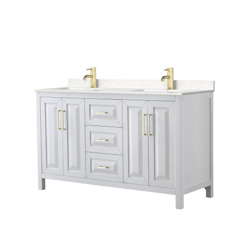 Wyndham WCV252560DWGC2UNSMXX Daria 60 Inch Double Bathroom Vanity in White, Light-Vein Carrara Cultured Marble Countertop, Undermount Square Sinks, Brushed Gold Trim