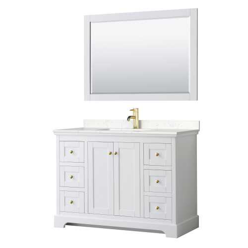 Wyndham WCV232348SWGC2UNSM46 Avery 48 Inch Single Bathroom Vanity in White, Light-Vein Carrara Cultured Marble Countertop, Undermount Square Sink, 46 Inch Mirror, Brushed Gold Trim