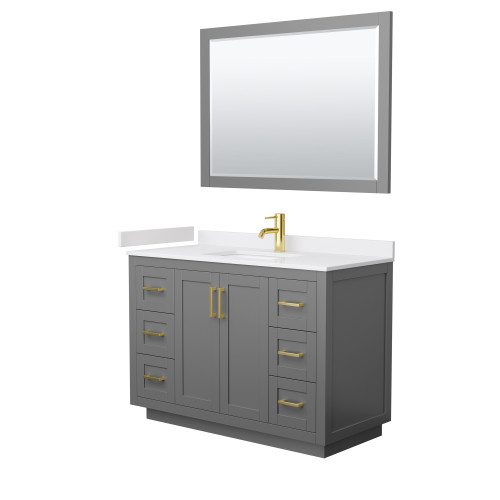 Wyndham WCF292948SGGWCUNSM46 Miranda 48 Inch Single Bathroom Vanity in Dark Gray, White Cultured Marble Countertop, Undermount Square Sink, Brushed Gold Trim, 46 Inch Mirror