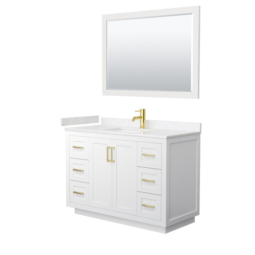Wyndham WCF292948SWGC2UNSM46 Miranda 48 Inch Single Bathroom Vanity in White, Light-Vein Carrara Cultured Marble Countertop, Undermount Square Sink, Brushed Gold Trim, 46 Inch Mirror