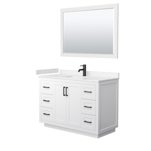 Wyndham WCF292948SWBC2UNSM46 Miranda 48 Inch Single Bathroom Vanity in White, Light-Vein Carrara Cultured Marble Countertop, Undermount Square Sink, Matte Black Trim, 46 Inch Mirror