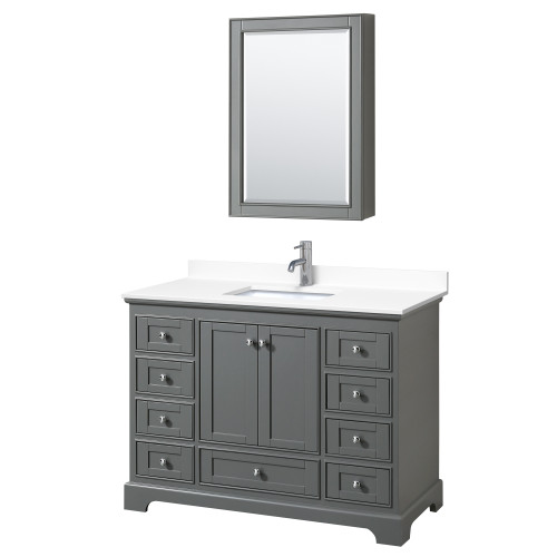 Wyndham WCS202048SKGWCUNSMED Deborah 48 Inch Single Bathroom Vanity in Dark Gray, White Cultured Marble Countertop, Undermount Square Sink, Medicine Cabinet
