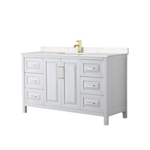 Wyndham WCV252560SWGC2UNSMXX Daria 60 Inch Single Bathroom Vanity in White, Light-Vein Carrara Cultured Marble Countertop, Undermount Square Sink, Brushed Gold Trim