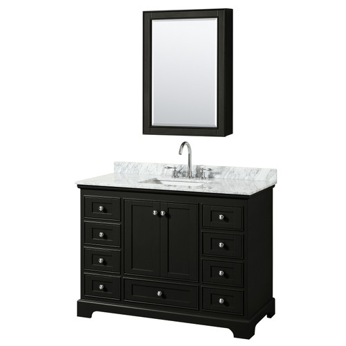 Wyndham WCS202048SDECMUNSMED Deborah 48 Inch Single Bathroom Vanity in Dark Espresso, White Carrara Marble Countertop, Undermount Square Sink, and Medicine Cabinet