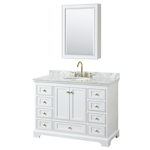 Wyndham WCS202048SWGCMUNOMED Deborah 48 Inch Single Bathroom Vanity in White, White Carrara Marble Countertop, Undermount Oval Sink, Brushed Gold Trim, Medicine Cabinet