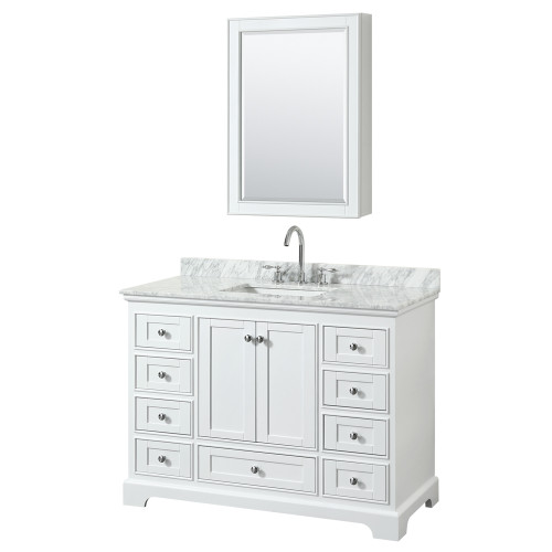 Wyndham WCS202048SWHCMUNSMED Deborah 48 Inch Single Bathroom Vanity in White, White Carrara Marble Countertop, Undermount Square Sink, and Medicine Cabinet