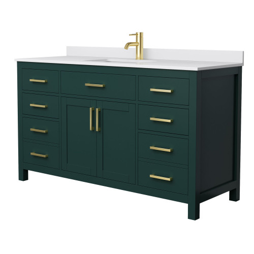 Wyndham WCG242460SGDWCUNSMXX Beckett 60 Inch Single Bathroom Vanity in Green, White Cultured Marble Countertop, Undermount Square Sink, Brushed Gold Trim